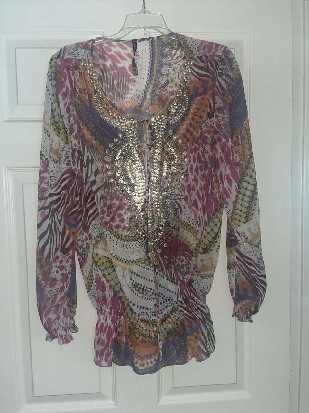 Women's Sheer Multicolor Printed Blouse with Sequin Neckline